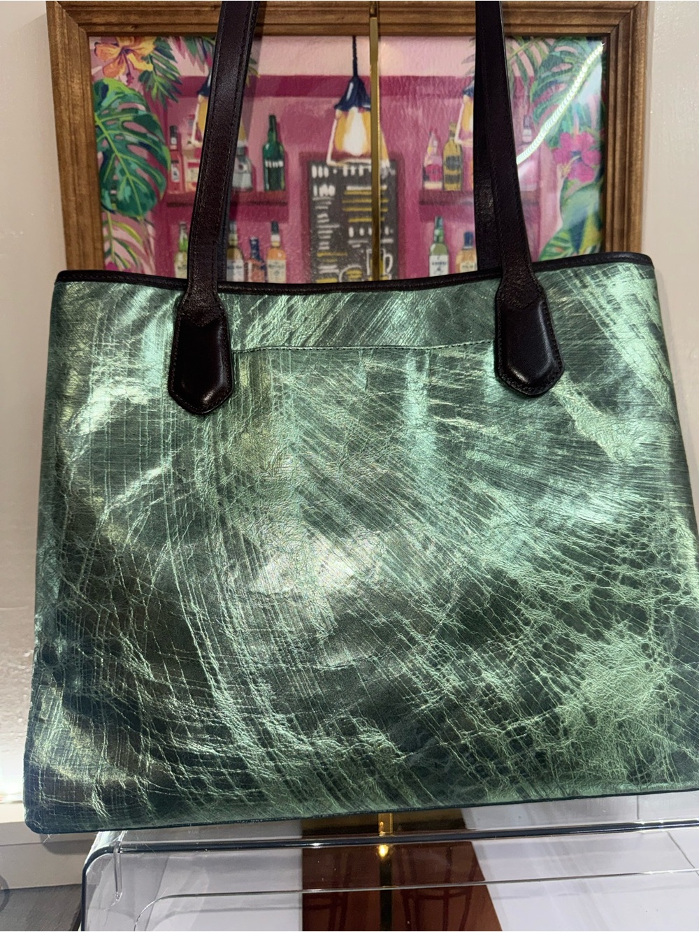 Brahmin RARE Metallic Green Shoulder or Tote Bag with Tassel Like NEW - STUNNING - Picture 3 of 6